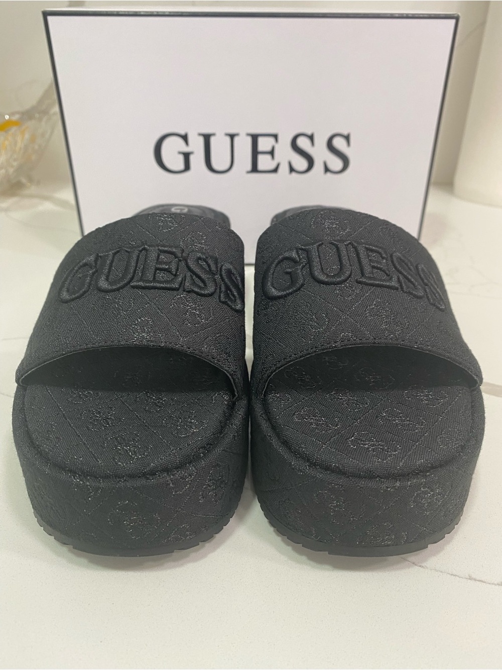 GUESS Black Women's Embossed Logo Slide Sandals